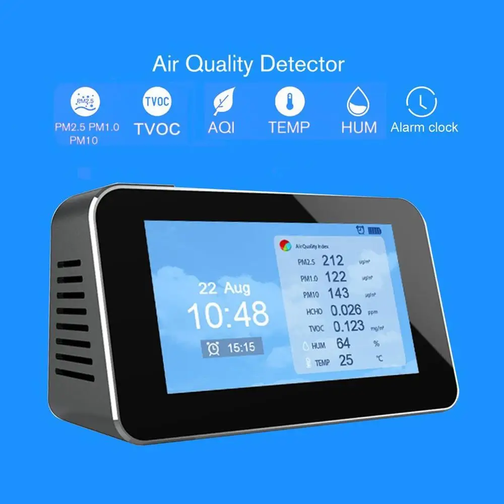 PM2.5/PM10/PM1.0/TVOC/CO2 тестер AQI анализатор качества воздуха детектор температуры и влажности монитор домашний счетчик смога w/Будильник