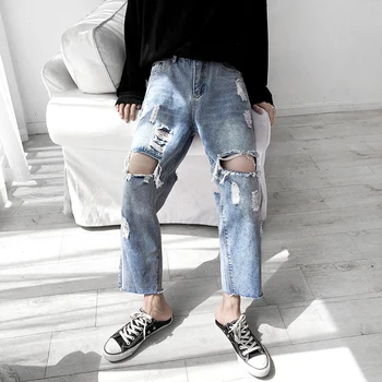 

Autumn New Jeans Men's Fashion Washed Solid Color Torn Holes Denim Trousers Man Streetwear Wild Hip Hop Loose Straight Jeans