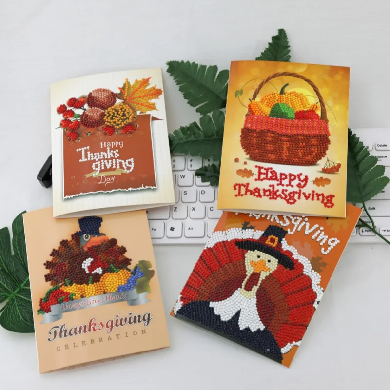  4PCS 5D Thanksgiving Cards DIY Diamond Painting Cross Stitch Greeting Card Invitations Hand Embroid - 4000275565110