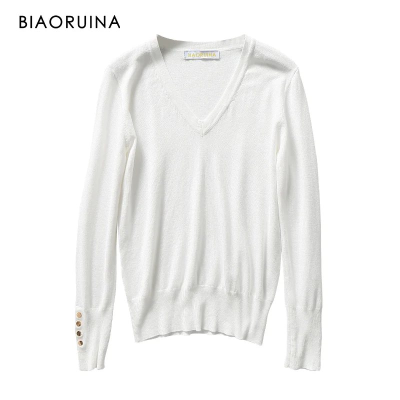 

BIAORUINA Women's Korean Style Solid All-match Thin Pullover Female V-neck Elegant Slim Basic Sweater Fashion Metal Buckles