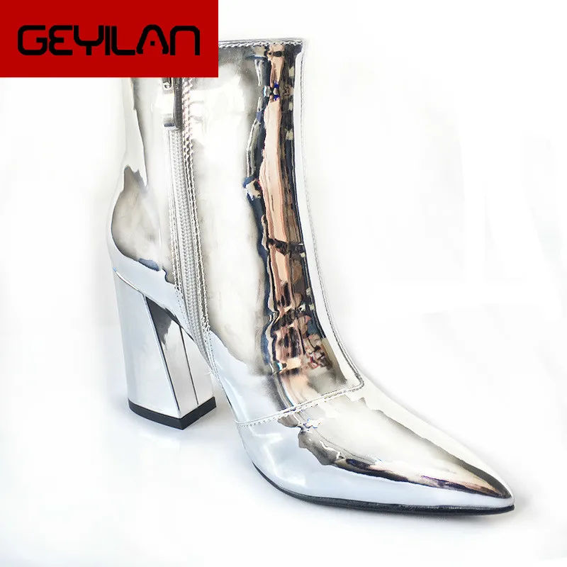

Silver Patent Leather Ankle Boots High Heels Boots Women Winter Shoes Female Pointed Toe Botas Woman Spring Autumn Boots 569