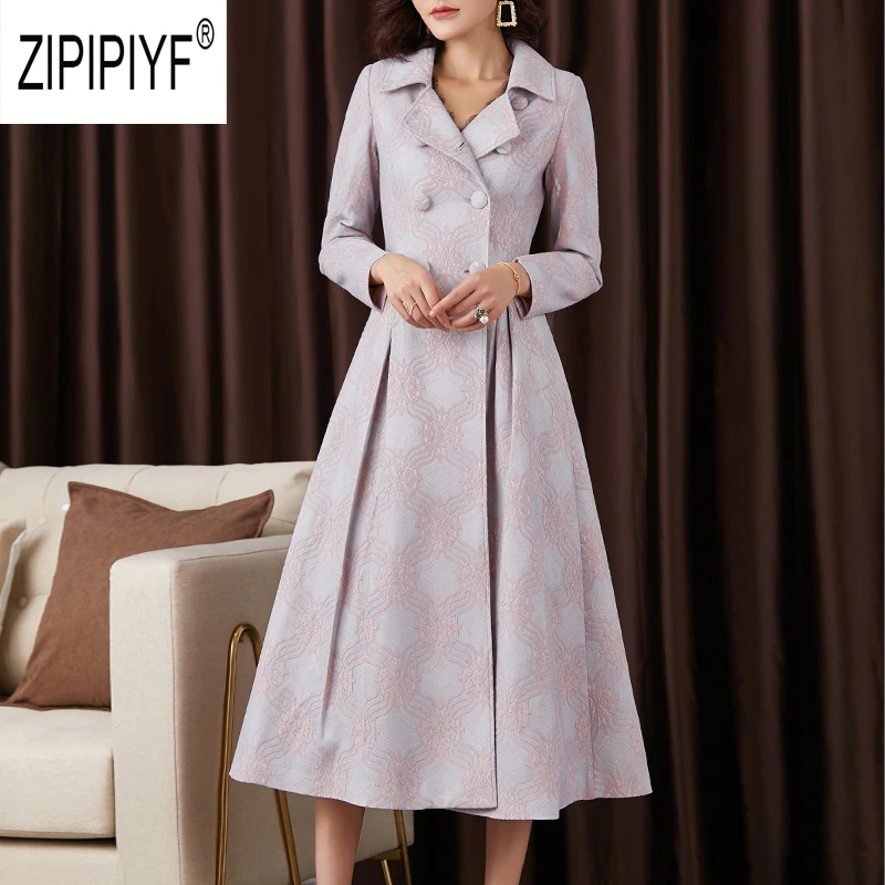 

2019 Autumn Fashion Women Trench Coats Plus Size Long Sleeve Double-breasted Floral Printing Long Coats Office Lady Coats Z2365