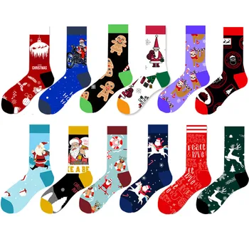 

12 Colors Christmas Socks Unisex Men Women Autumn and Winter Cotton Warm Socks Cute Cartoon Printed Xmas Socks Stocking