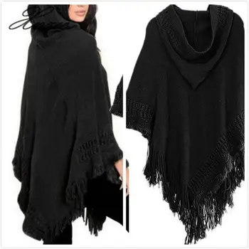 

Xnxee Casual Women Sweater Hooded Poncho And Cape Knitted Sweaters Tassel Pullover Solid Sweater Women Coat