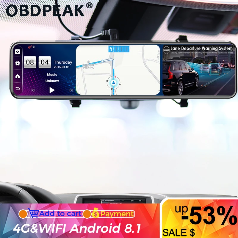 Android 4g 12 Polegada carro espelho retrovisor fluxo de mídia traço cam dupla 1080p câmera do carro dvr adas super noite navegação gps registrador