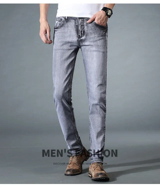 Cowboy Men Trousers Men's Stretch Jeans Male Casual Regular Fit Straight Retro Denim Pant Classic Fashion Clothes Grey Blue