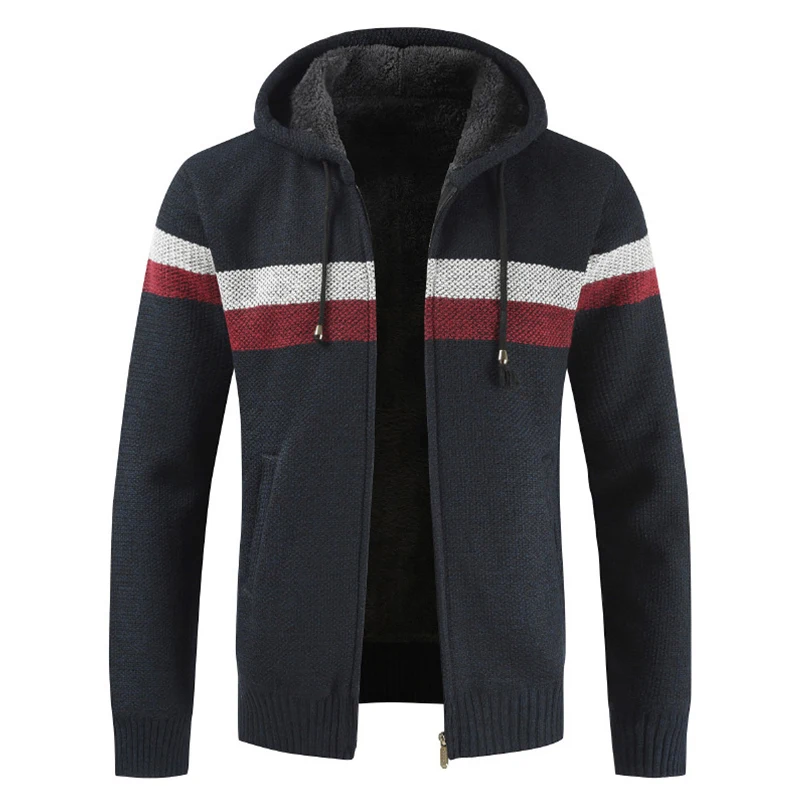 Винтажный вязаный свитер, пальто, зимний толстый теплый кардиган с капюшоном, одежда в полоску, Casaco Masculino, флисовые куртки на молнии