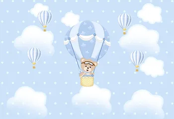 

Vinyl Newborn Baby Birthday Backdrop Baby Shower Hot Air Balloon Bear Clouds Background