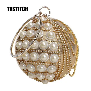 

Round Rhinestone Clutch Round White Pearl Tote Metal High Quality Ladies Dinner Bag Shoulder Bag Tote and Wallet