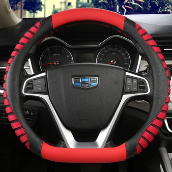 

KKYSYELVA D Round 38CM Shape Steering Wheel Cover Leather + Ice Silk for Geely Atlas Emgrand EC7 VW Golf 7 Santa fe 2014-2020