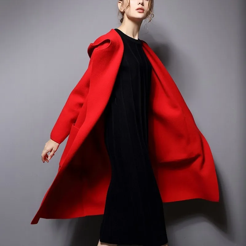 

Top Quality Wool Knitted Elegant Lady Long Coat Soft Comfort Hooded Female Cardigan Casual Oversize Loose Fit Sweater For Women