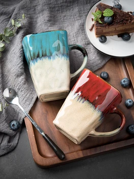 

Ceramic Coffee Cups Gift Creative Flow Glaze Coffee Cups with Spoon Continental Tea Set Tea Cup Simple Household Matte Color