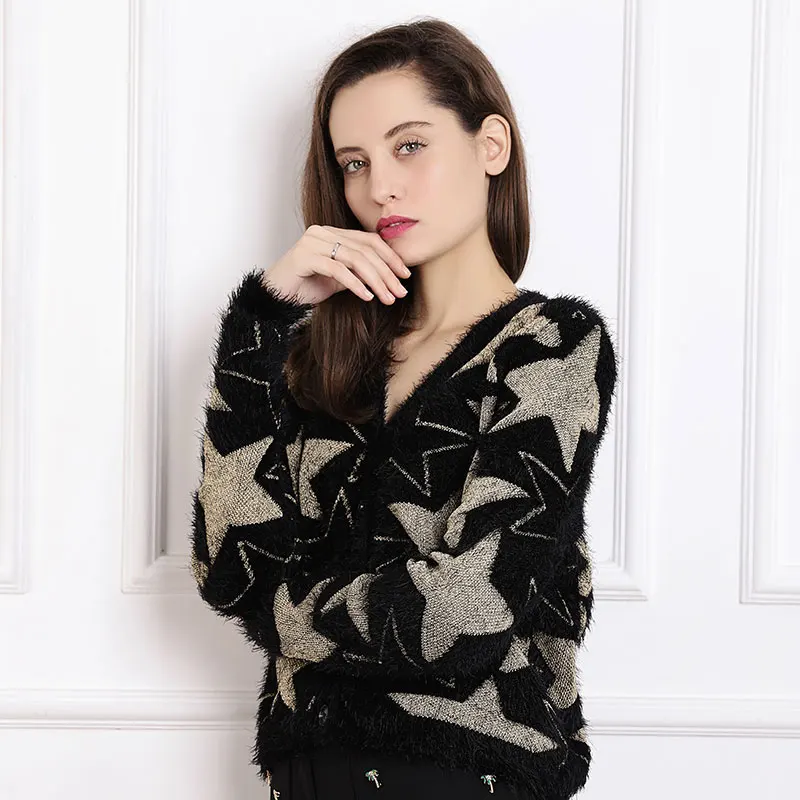 COLOREE Runway Autumn Women Oversized Sweater Cardigan Vintage Warm Stars Knitted Coat Outerwear Single Breasted Sweater