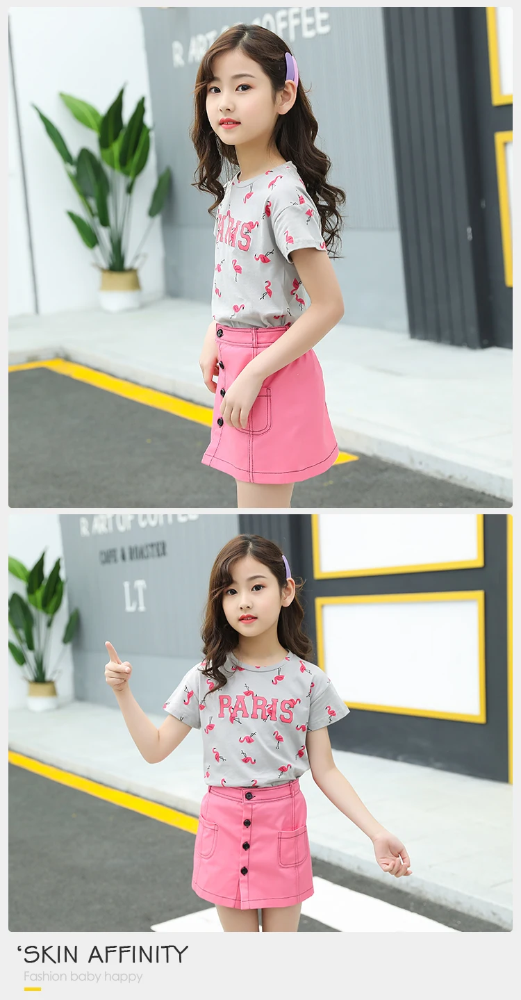Pink Flamingo Pattern Children'S Little Girl Kids Summer Clothes Suit Pink Girl 2 Piece Clothing Matching Skirt 2Pc Set