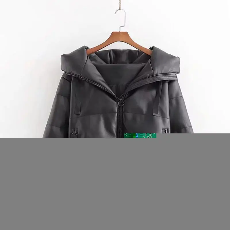 Новые женские Зимние Куртки из искусственной кожи с капюшоном Куртки из искусственной кожи с длинным рукавом на молнии черные хлопковые пальто