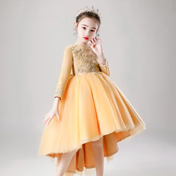 

Autumn Winter Children'S Princess Dress Chinese Girl Long-Sleeved Catwalk Evening Gown Flower Girl Pompous Yarn Host Costumes