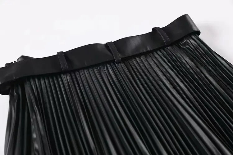 2020 New Fashion Womens Pleated Skirt High Waist Loose Faux Leather Skirts Black Casual Belt Zipper Streetwear Autumn Skirt
