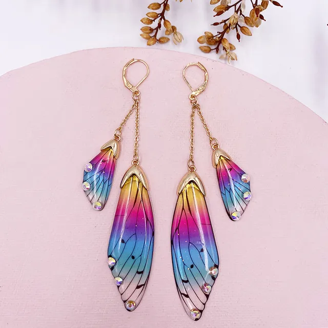 Fairy Resin Butterfly Earrings for Women Shining Crystal Flake Double Wing Long Drop Earrings Ladies Wedding Party Jewelry 2020 Gold-Rainbow
