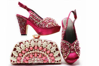 

Amazing Fuchsia Lady Pump Shoes And Purse Bag Set With Crystal Stones For Evening Party G71-2 Heel Height 10cm