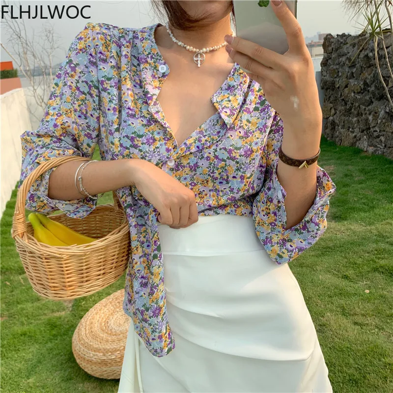 2021 Spring Prairie Chic Tops Blusas Girl Next Door Fashion Style Women Floral Print Chiffon Single Breasted Button Shirts 4