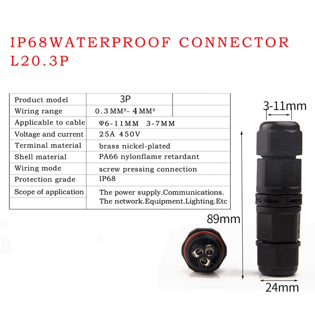IP68 Waterproof Connector 2 Pin 3 Pin 4 Pin 5 Pin Electrical Terminal Adapter Wire Connector Screw Pin connector LED Light pin L20 3p