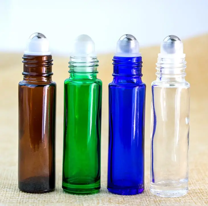 

1000 x 10ml Cobalt Blue Green Amber Clear Glass Roll On Bottle With Plastic Lid 10cc Roller Ball Vials For essential oil use SN