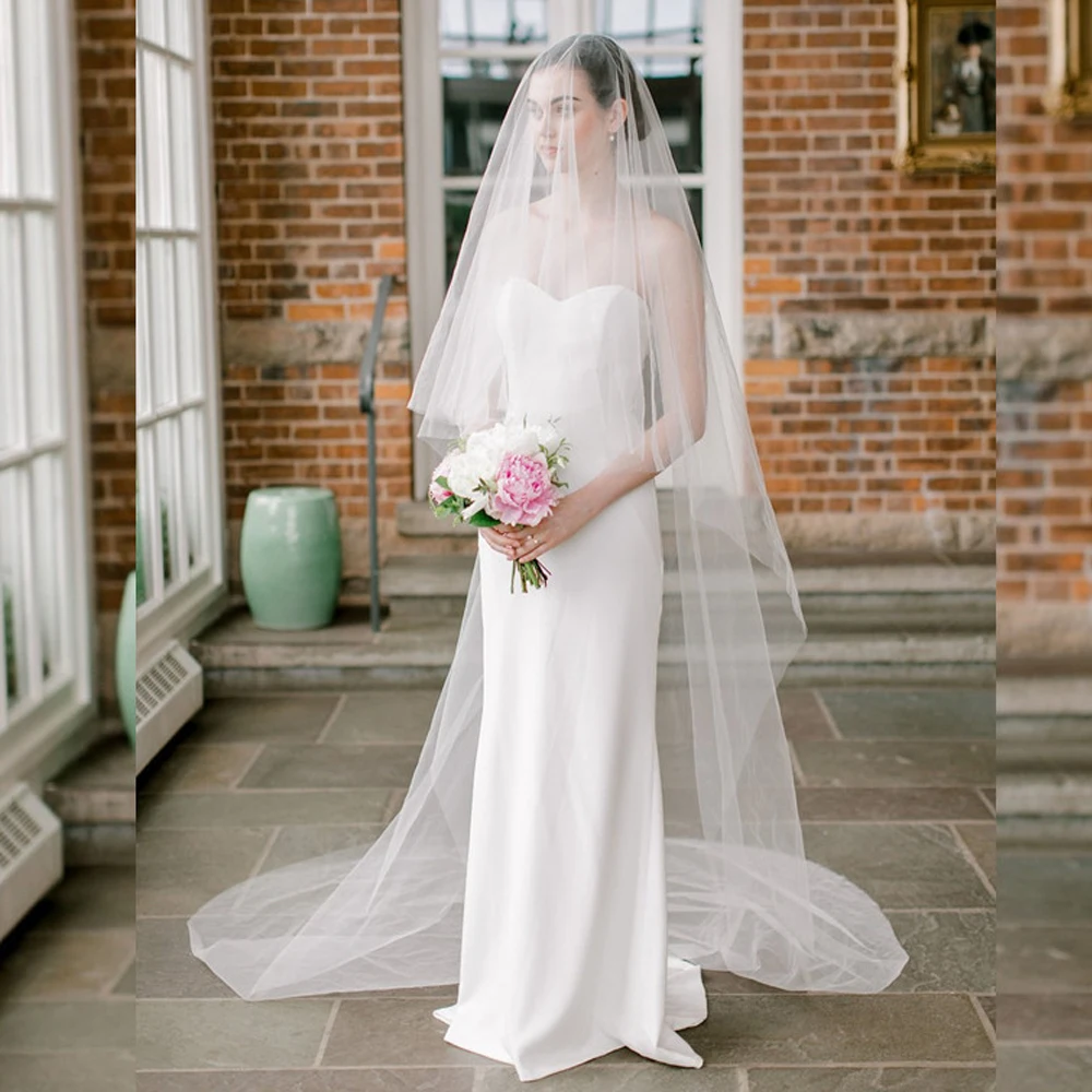 Bridal Wedding Veil 2T Trailing Long Cut Edge with Comb White Ivory Off-white 