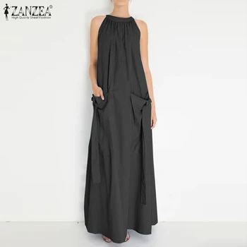 

ZANZEA 2020 Fashion Summer Sundress Women Long Maxi Vestidos Elegant Halter Neck Dress Ladies Casual Pockets Long Tunic Robe 7