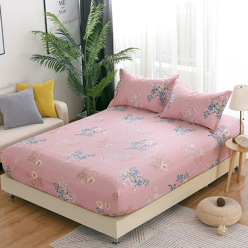 

Pink flower bed fitted sheet Bedding Bedspread soft pillowcase 3pcs King queen full twin size comfortable home textiles