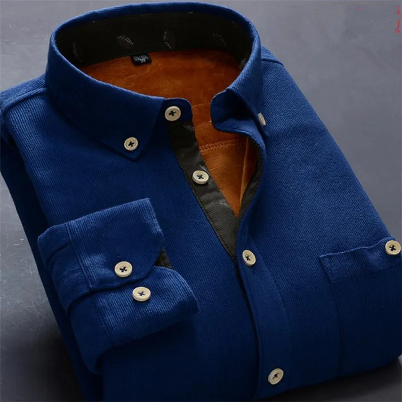 

Plus Size Male Solid Cotton Long Sleeve Shirt 2019 New Winter Men's Casual Solid Fleece Corduroy Thicken Warm Shirt Men Casua Dress Shirt 5XL