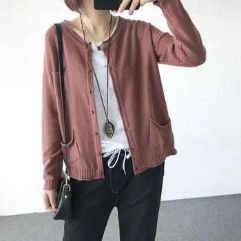 

Autumn Women Cardigan Coat O-neck Solid Color Long-sleeved Clothes 2019 Loose Thin 6 Color Single-breasted Pocket Knit Sweater