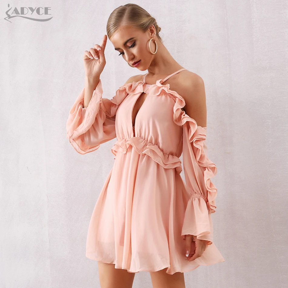

Adyce 2019 New Autum Women Ruffles Celebrity Evening Party Dress Sexy Hollow Out Off Shoulder Mini Spaghetti Strap Club Dresses