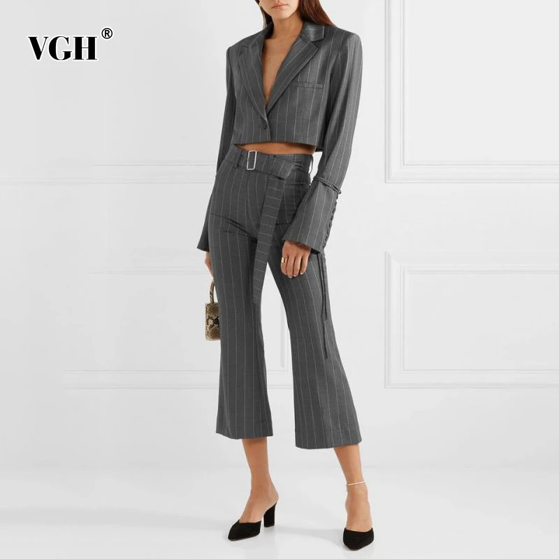 

VGH Striped Women's Suit V Neck Flare Sleeve Lace Up Short Blazer High Waist Sashes Loose Pants Two Piece Set Female 2019