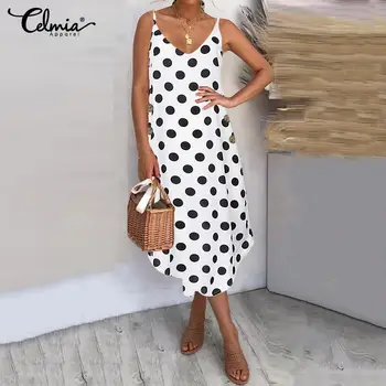 

Sexy Spaghetti Straps Summer Dress 2020 Celmia Women V neck Point Dot Beach Sundress Casual Asymmetric Buttons Midi Dress S-5XL