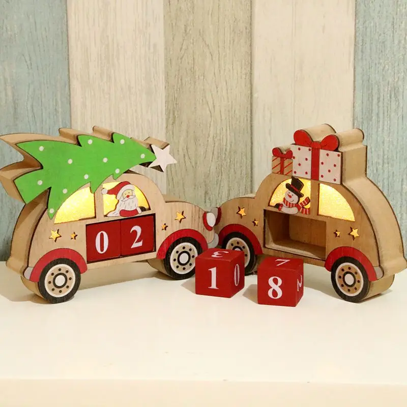 Christmas Wooden Light Up LED Advent Calendar Vehicle Design With Painted Blocks Holiday Home Ornament Decor Gifts For Kids