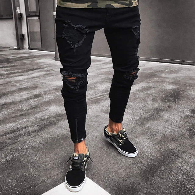 2018 new Fashion Men Ripped Skinny Jeans Destroyed Frayed Slim Fit Denim Pant men slim