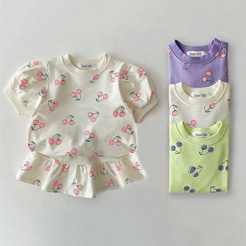 Fashion Girl Clothes Sets Summer Short Sleeve Sweatshirt Tops + Skirt 2Pcs for 1-5Y Kids Girl Clothing Sets Baby Clothes Outfits