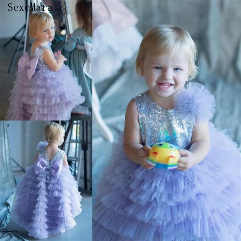 

Lavender Sparkly Sequined Flower Girl Dresses For Wedding Tiered Toddler Pageant Gowns Tulle Kids Prom Dress
