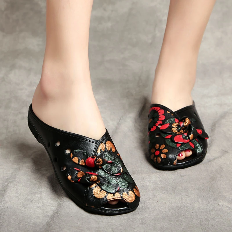 

ZIMNAFR 2020 Summer New Handmade Genuine Leather Women Slippers Ethnic-Style Flower Flat Slippers Women Sandals Plus Size 35-43