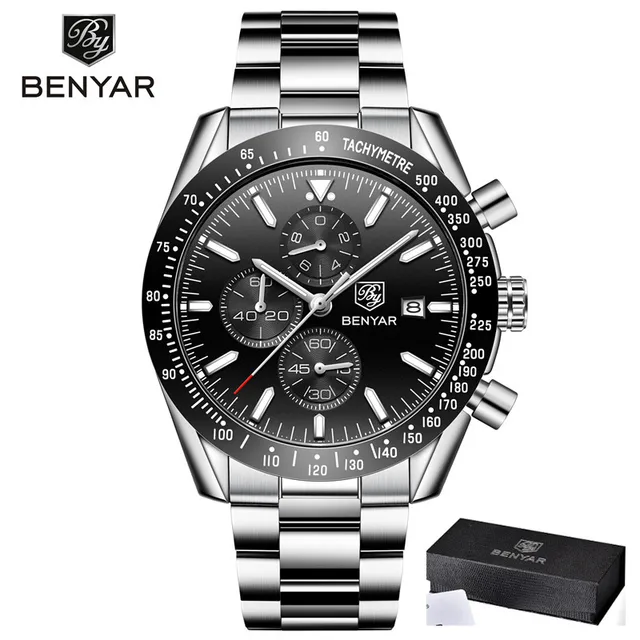 BENYAR New Brand Luxury Silicone Strap Waterproof Sports Quartz Chronograph Watch Classic Casual Men's Clock Relogio Masculino Black silver steel