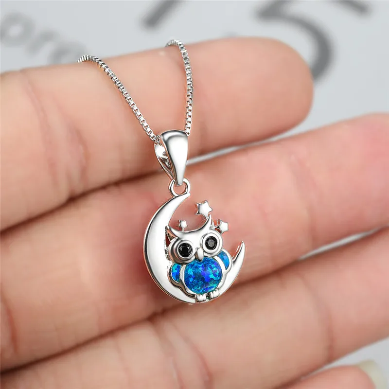 Blue Fire Opal Cute Owl Pendant Necklaces For Women Vintage Fashion Animal Jewelry 925 Silver Birthstone Necklace Wedding Gifts | Украшения