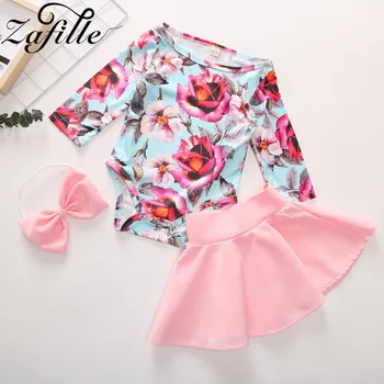 

ZAFILLE Girl Clothes Set Long Sleeve Off Shoulder Floral Print Romper+Pink Skirt+Headband Outfits For Newborn Kids Clothes Suit