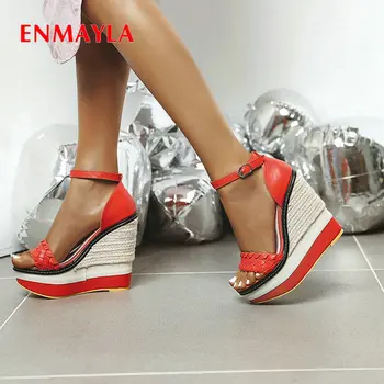 

ENMAYLA 2020 Basic Casual PU Mixed Colors Platform Sandals Fashion Luxury Shoes Women Designers Buckle Strap Wedge Sandals 34-43