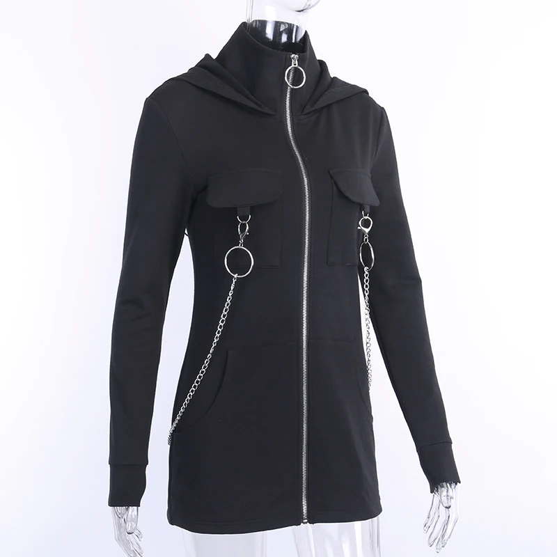 InsGoth Black Hooded Sweatshirts Women Coats Gothic Punk Zipper Material Chain Long Hoodies Pullover Streetwear Lady Long Hoodie