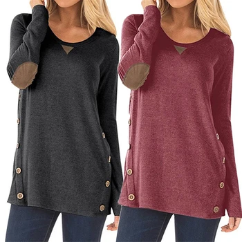 

2020 Autumn New Women T-Shirt Personality Solid Color O-Neck Long Sleeve Tops Fashion Female Splice Button Patch Loose T-Shirts
