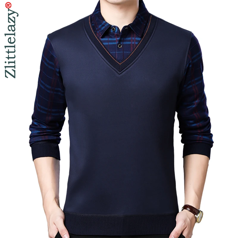 Повседневная поддельная рубашка поло из двух частей, мужская рубашка из джерси в клетку, мужские зимние толстые теплые рубашки поло, модная одежда 02104