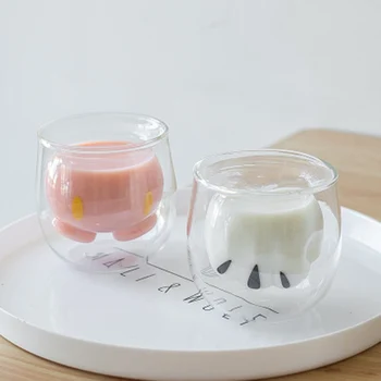 

Set of 2-201-300ml cute animal pig shaped double layer water glass office transparent heat proof coffe glass cups GLA-82