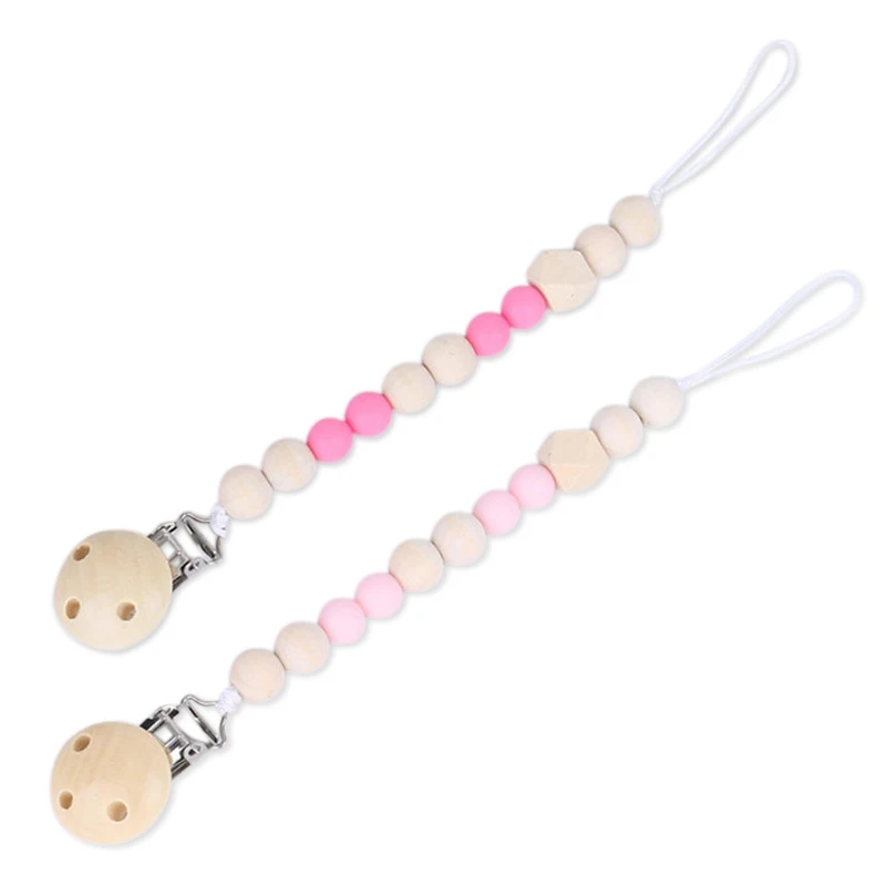 

2 Pcs Baby Pacifier Clip Chain Wooden Beads Dummy Clip Safe Teething Chain Baby Teether Eco-Friendly Pacifier Clips Holder Chain