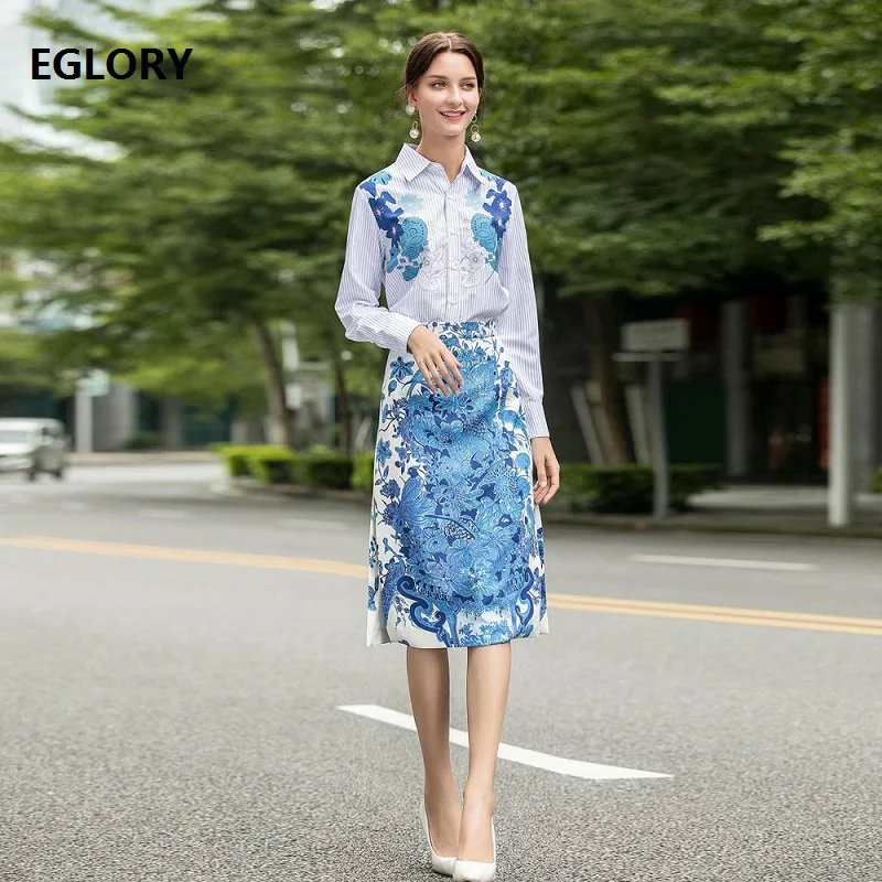 

High Quality Skirt Suits 2020 Autumn Fashion Clothing Sets Woman Striped Floral Print Shirts+Blue Porcelain Print Pencil Skirts