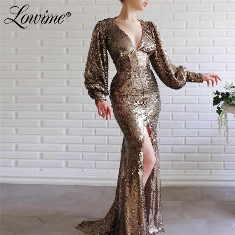 

Sequins Front Split Party Dress V Neck Evening Dresses Mermaid Long Sleeves Open Back Prom Gowns Vestidos De Fiesta De Noche